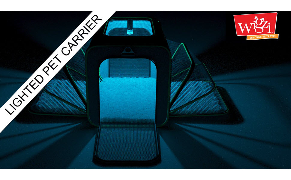 Wigzi Expandable Pet Travel Carrier for Cats, Small Dogs and Pets Up to 20lbs with Rechargeable Interior LED Light - TSA Airline Approved, Expandable Soft Sided Walls, 4-Doors and Removable Padding
