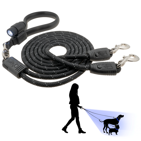 Wigzi - 2025 Edition -Dual Doggie Flex Walk with LED Two Dog Leash. 360 Degree no Tangle, Thick Durable Reflective Ropes, Silicone Extra Soft Comfort Handle, 6ft, Color Black, 5lbs-175 lbs Dogs OK