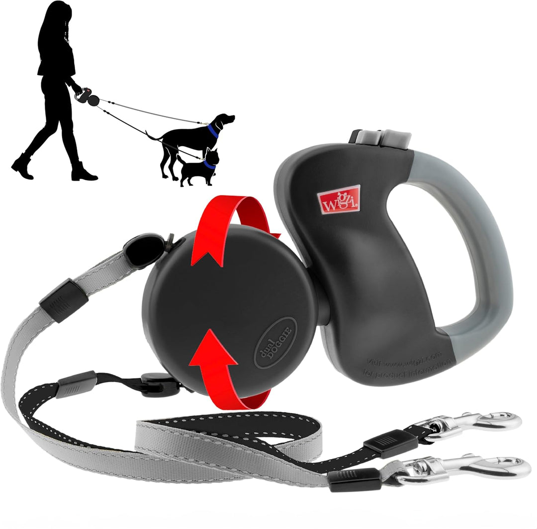Wigzi - 2026 Edition - 2 Dog Retractable Leash – No Tangle Engineering. Each Dog 50 lb up to 10 ft Distance. Lock and Unlock Easily. Reflective Webbing. Gray