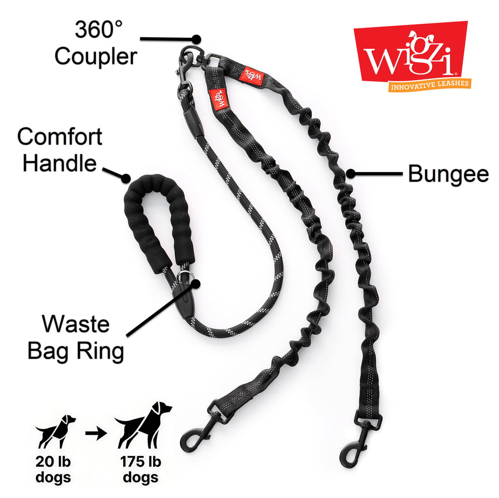 Dual Dog Rope Leash by Wigzi USA - 360° Swivel, No Tangle Walking Leash with Shock Absorbing Bungee for Two Dogs, Reflective with Cushion Handle (Large, 20-175 lbs, Black)