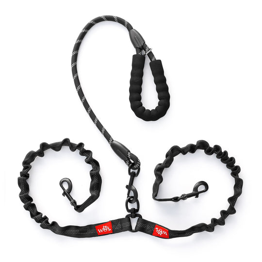 Dual Dog Rope Leash by Wigzi USA - 360° Swivel, No Tangle Walking Leash with Shock Absorbing Bungee for Two Dogs, Reflective with Cushion Handle (Dogs 20-175 lbs, Black)