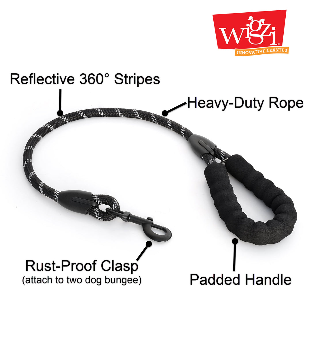 Dual Dog Rope Leash by Wigzi USA - 360° Swivel, No Tangle Walking Leash with Shock Absorbing Bungee for Two Dogs, Reflective with Cushion Handle (Dogs 20-175 lbs, Black)