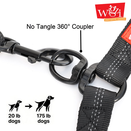 Dual Dog Rope Leash by Wigzi USA - 360° Swivel, No Tangle Walking Leash with Shock Absorbing Bungee for Two Dogs, Reflective with Cushion Handle (Dogs 20-175 lbs, Black)