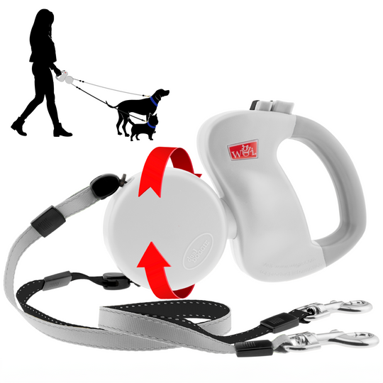 Wigzi - 2026 Edition - 2 Dog Retractable Leash – No Tangle Engineering. Each Dog 50 lb up to 10 ft Distance. Lock and Unlock Easily. Reflective Webbing. Gray